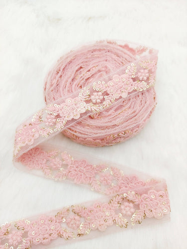 Soft Net Lace Trim Floral Embroidery and Sequins, Floral Sari Border, Decorative Trim